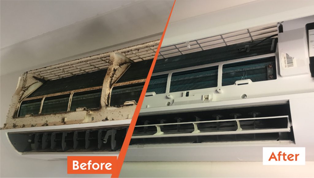 Before After picture of an Air Conditioner maintenance