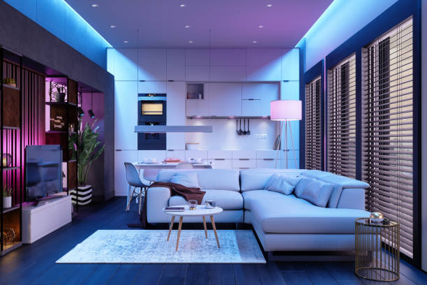 Modern home At Night With Neon Lights.