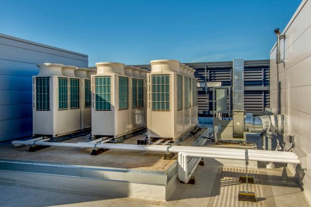 Variable refrigerant volume (VRV) HVAC units in a rooftop installation.
