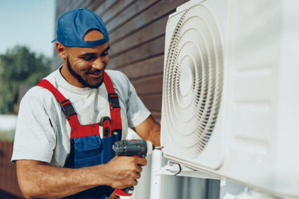 Repairman in uniform doing air conditioning installation