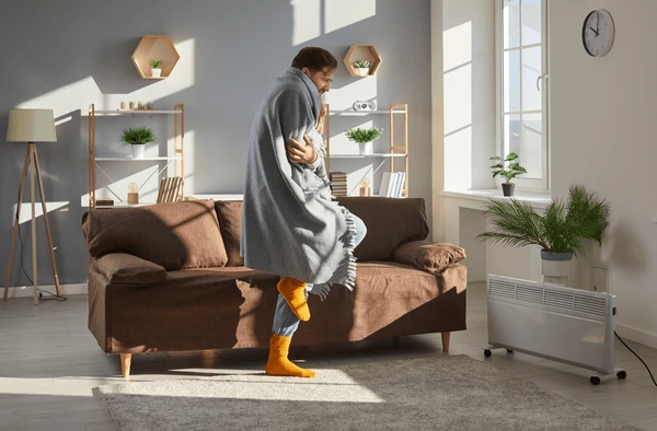 distressed man feeling cold because of Brivis ducted heating not turning on in winters