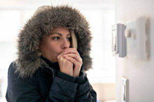 A Woman With Warm Clothing Feeling The Cold Inside House because her ducted heating is not working